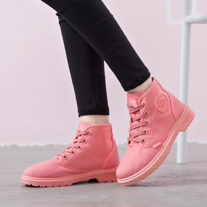 Cloth Pure Color Chunky Heel Round Toe Lace-up..