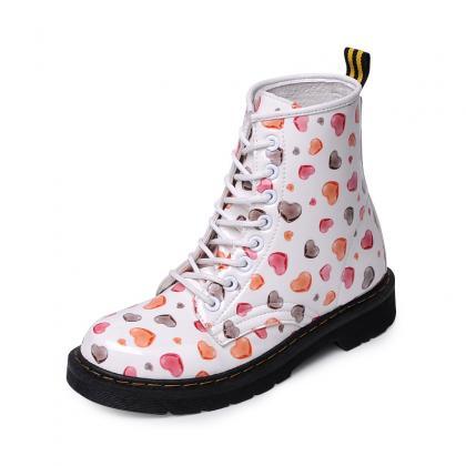 Heart Printed Leather Ankle Boots Lace-ups
