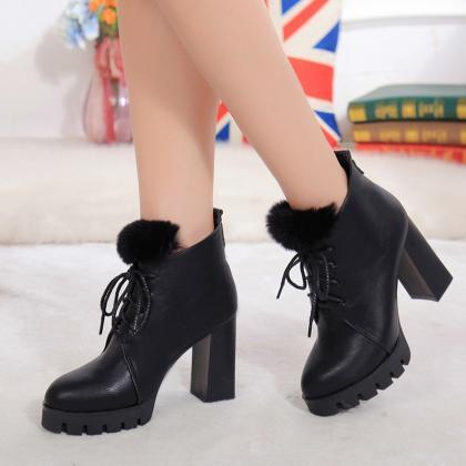 Pu Chunky Heel Round Toe Lace-up Pure Color Short..