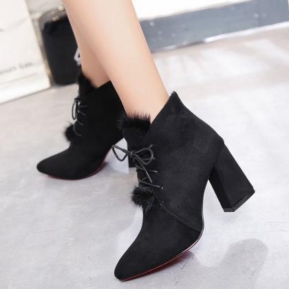 Suede Pure Color Lace-up Chunky Heel Pointed Toe..