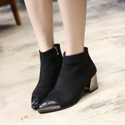 Suede Patchwork Chunky Heel Pointed Toe Platform..