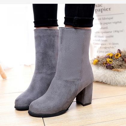 Suede Pure Color High Heels Round Toe Zipper Boots