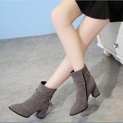 Suede Pure Color Chunky Heel Round Toe Tassel..