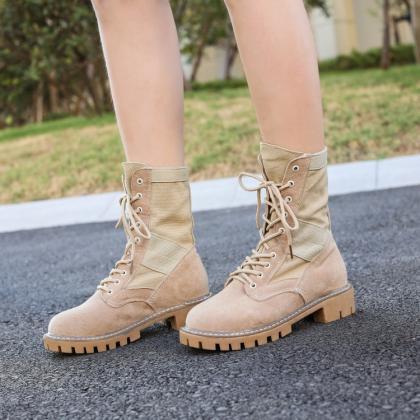 Pu Pure Color Chunky Heel Round Toe Lace-up Boots