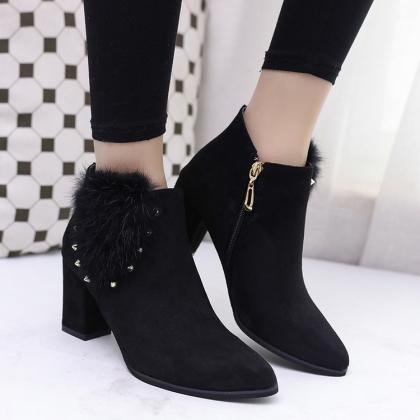Suede Pure Color Chunky Heel Round Toe Rivets..