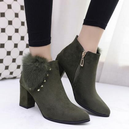 Suede Pure Color Chunky Heel Round Toe Rivets..