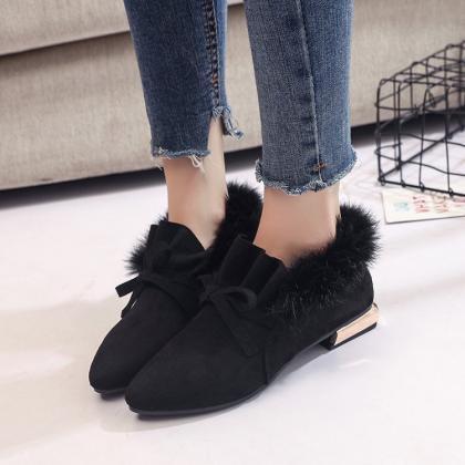 Army Green Faux Fur Pointed Toe Oxford Flats