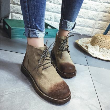 Pu Pure Color Flat Round Toelace-up Short Boots