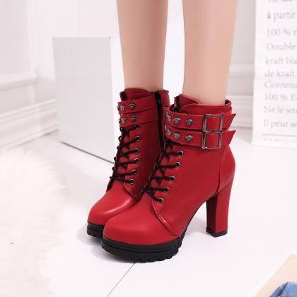 Pu Pure Color Chunky Heel Round Toe Lace-up High..