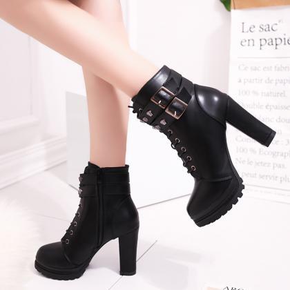 Pu Pure Color Chunky Heel Round Toe Lace-up High..