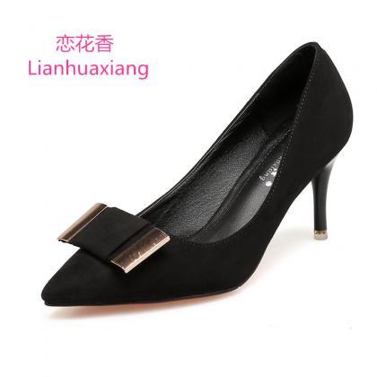 Faux Suede Bow Accent Pointed-toe High Heel..