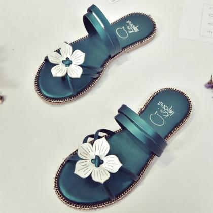 Pu Pure Color Round Toe Flower Flat Sandals