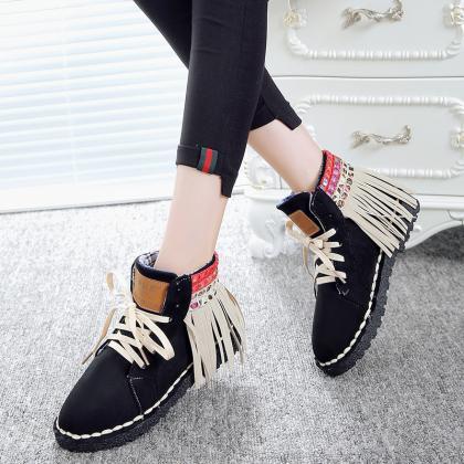 Suede Patchwork Tassel Lace-Up Roun..