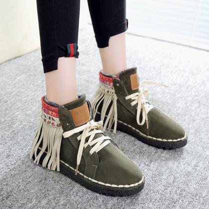 Suede Patchwork Tassel Lace-Up Roun..