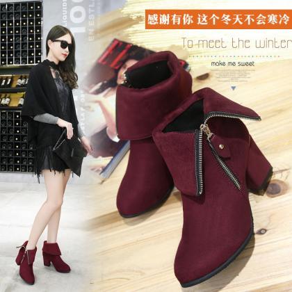 Suede Pure Color Chunky Heel Round Toe Zipper..