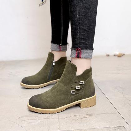 Chunky Heel Pure Color Pu Round Toe Short Boots