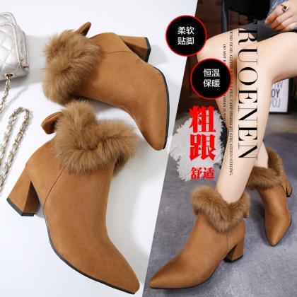Pure Color Suede Chunky Heel Pionted Toe Short..