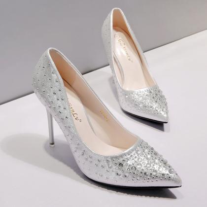 Silver Pointed Toe High Heel Pumps ..