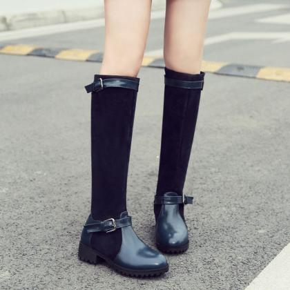Scrub Chunky Heel Pure Color Round Toe Long Boots