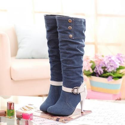 Cloth Stiletto Heel Patchwork Round Toe Long Boots