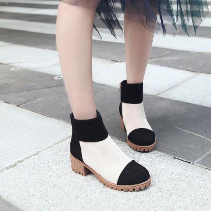 Suede Chunky Heel Patchwork Round Toe Short Boots