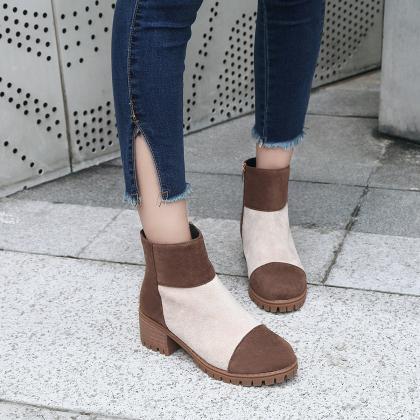 Suede Chunky Heel Patchwork Round Toe Short Boots