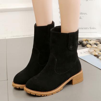 Pu Chunky Heel Round Toe Pure Color Short Boots