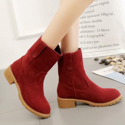 Pu Chunky Heel Round Toe Pure Color Short Boots