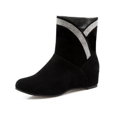 Suede Slope Heel Round Toe Pure Color Short Boots