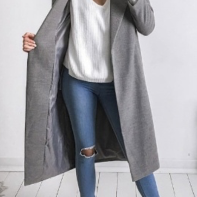 Lapel Collar Pockets Long Slim Woolen Coat