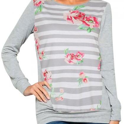 Flower Print Striped Patchwork Long Sleeves Casual..