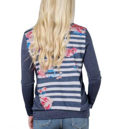 Flower Print Striped Patchwork Long Sleeves Casual..