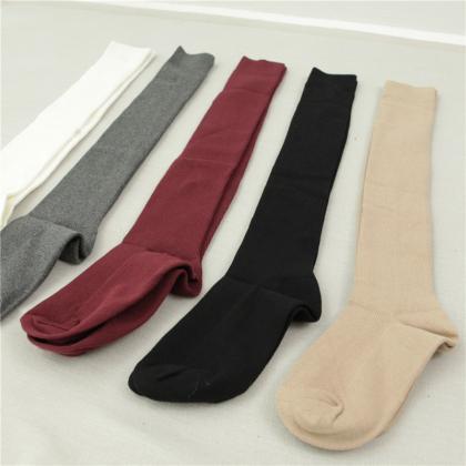 Plain Weave/vertical Stripes Knee-high Socks