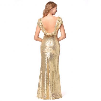 Shinning Backless Short Sleeve Sequined Long Party..