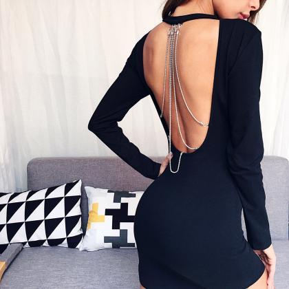 Sexy Metal Chain Long Sleeve Scoop Backless..