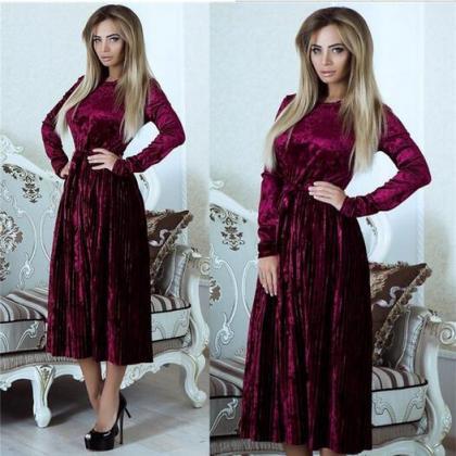 Scoop Long Sleeves Lace Patchwork Flared Pleated..