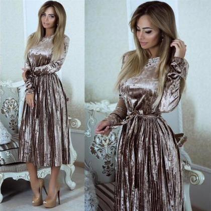 Scoop Long Sleeves Lace Patchwork Flared Pleated..