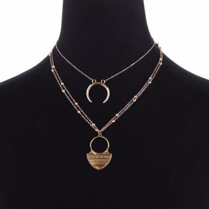 Alloy Carving Grain Moon Multilayer Long Necklace