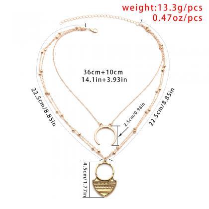 Alloy Carving Grain Moon Multilayer Long Necklace