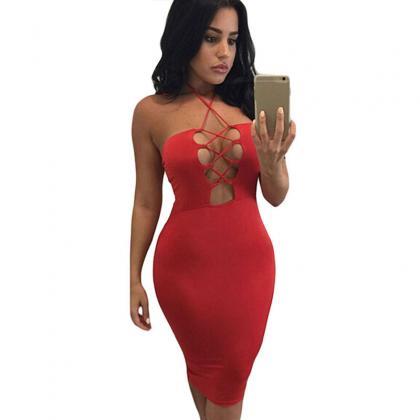 Sexy Halter Bandage Bodycon Backless Solid Short..
