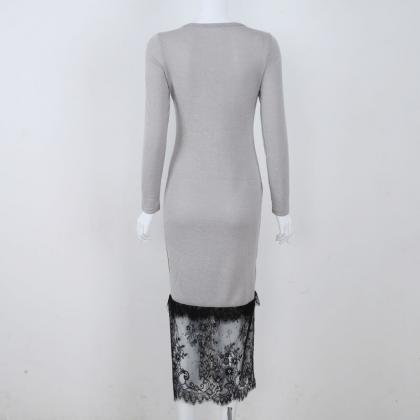 Lace Long Sleeves Splicing Bodycon Knitted Long..