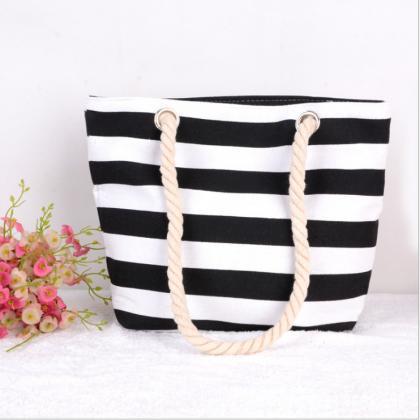 Stripes Canvas Tote Bag with Rope H..