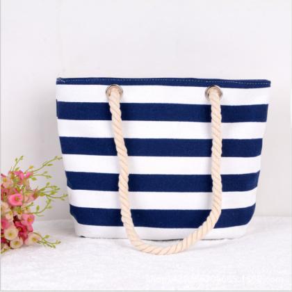 Stripes Canvas Tote Bag with Rope H..