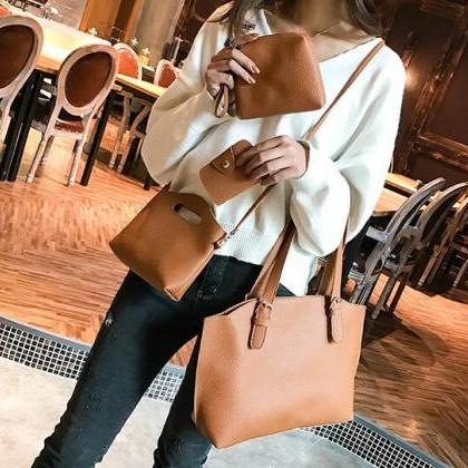 Solid Colour Pu Tote Bag With 3 Small Bags