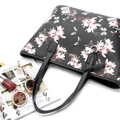 Floral Print Faux Leather Tote Bag