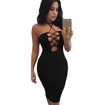 Lace Up Hollow Out Sexy Knee-length Bodycon Dress