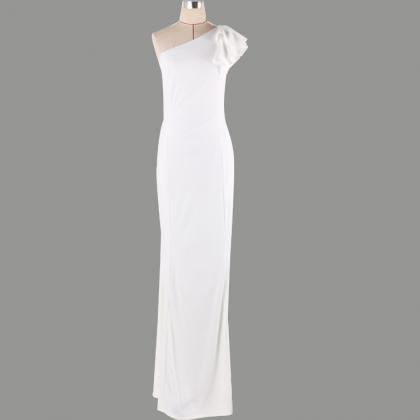 Falbala One Shoulder Slim Long White Party Dress