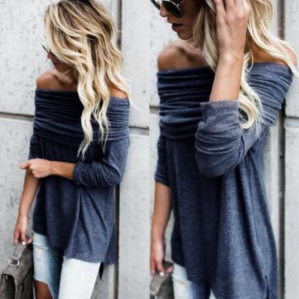 Loose Off Shoulder Pure Color Long Sleeves..