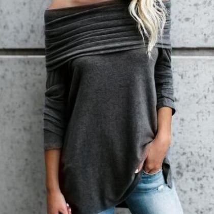Loose Off Shoulder Pure Color Long Sleeves..