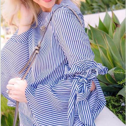 Stripes Crew Neck Bow Knot Accent Long Flared..